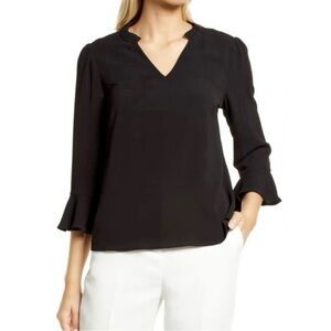 New CeCe Ruffle Cuff 3/4 Sleeve V-Neck Crepe Blouse Rich Black Size XS